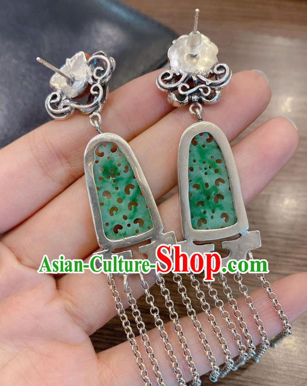 China Classical Wedding Silver Tassel Earrings Traditional Handmade Jadeite Carving Ear Accessories