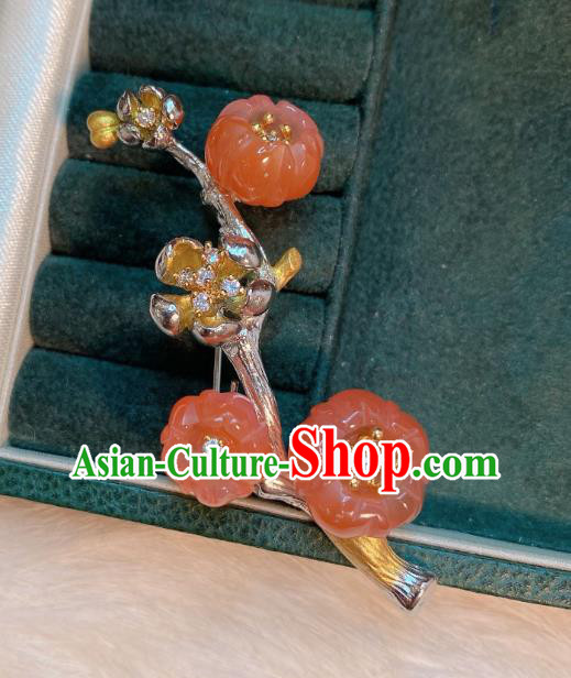 Handmade Chinese National Silver Breastpin Traditional Agate Plum Blossom Brooch Accessories