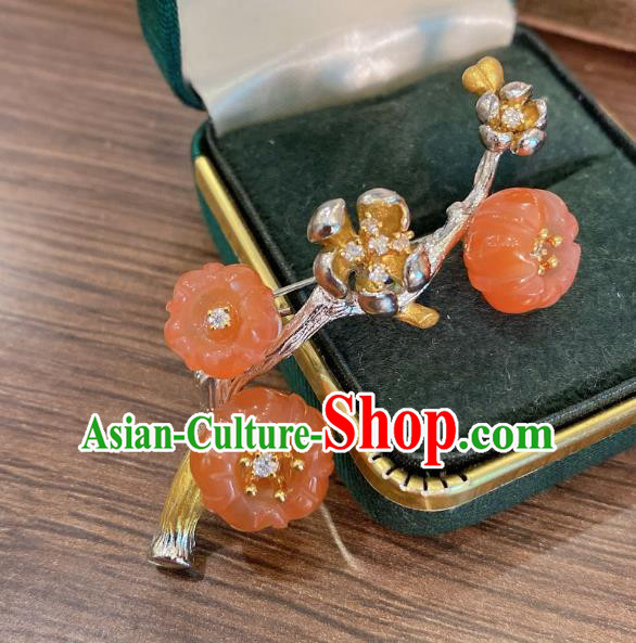 Handmade Chinese National Silver Breastpin Traditional Agate Plum Blossom Brooch Accessories