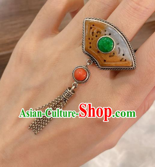 Chinese Handmade National Jadeite Circlet Wedding Jewelry Silver Tassel Finger Ring