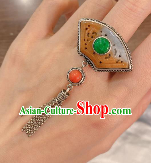 Chinese Handmade National Jadeite Circlet Wedding Jewelry Silver Tassel Finger Ring