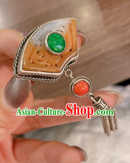 Chinese Handmade National Jadeite Circlet Wedding Jewelry Silver Tassel Finger Ring
