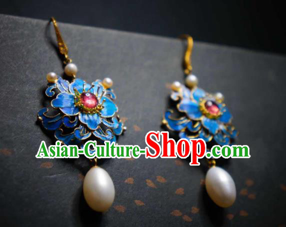 Handmade Chinese Cheongsam Pearls Ear Accessories Traditional Culture Jewelry Blue Peony Earrings