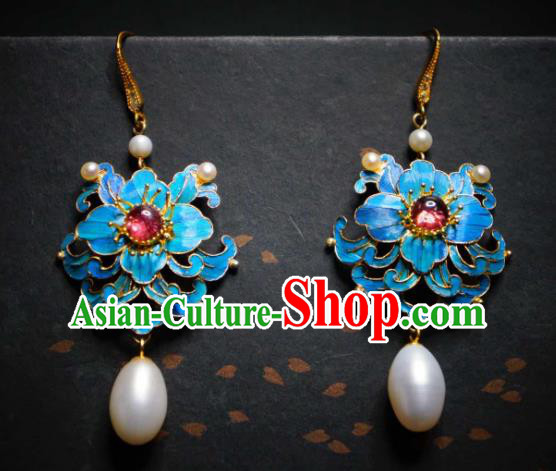 Handmade Chinese Cheongsam Pearls Ear Accessories Traditional Culture Jewelry Blue Peony Earrings
