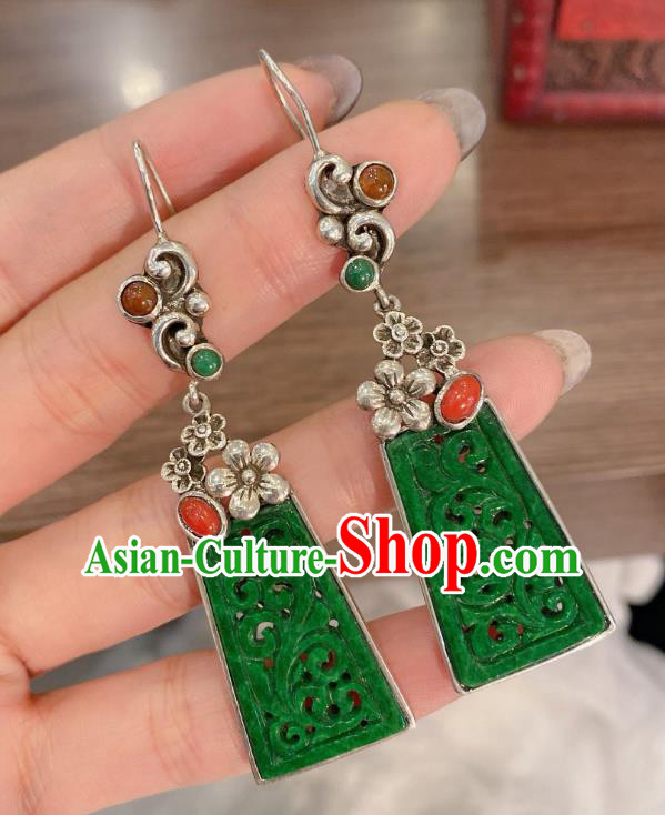 China Classical Cheongsam Jadeite Earrings Traditional Handmade Silver Plum Ear Accessories