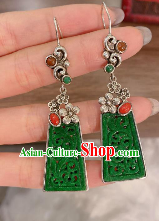China Classical Cheongsam Jadeite Earrings Traditional Handmade Silver Plum Ear Accessories