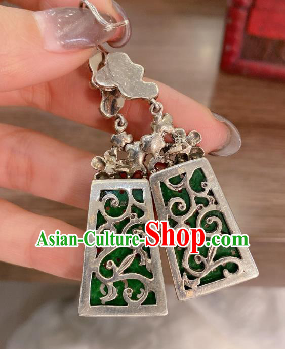 China Classical Cheongsam Jadeite Earrings Traditional Handmade Silver Plum Ear Accessories