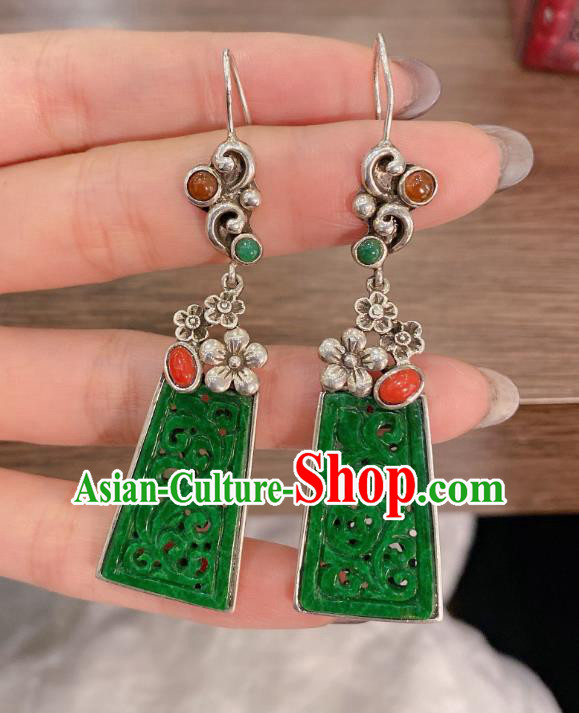 China Classical Cheongsam Jadeite Earrings Traditional Handmade Silver Plum Ear Accessories