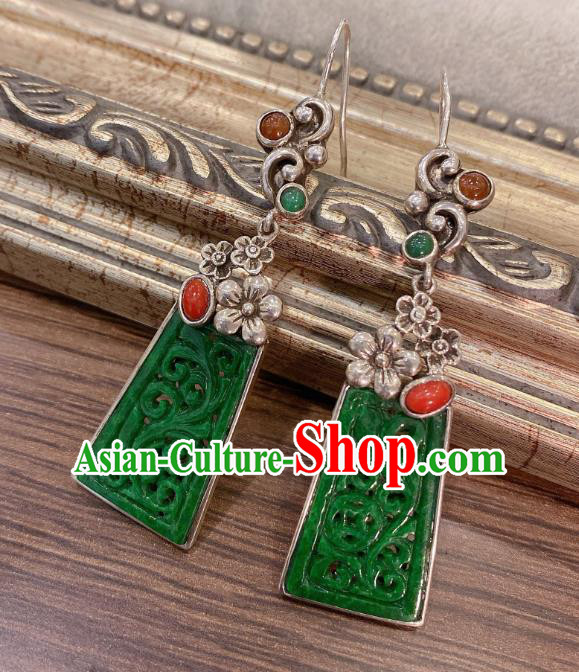 China Classical Cheongsam Jadeite Earrings Traditional Handmade Silver Plum Ear Accessories