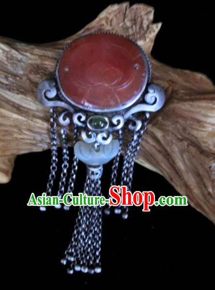 Handmade Chinese Jade Ingot Necklace Accessories National Agate Carving Lotus Necklet Pendant