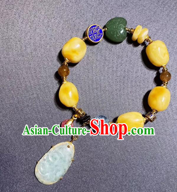 Handmade Chinese Jadeite Bracelet Traditional Beeswax Wristlet Accessories
