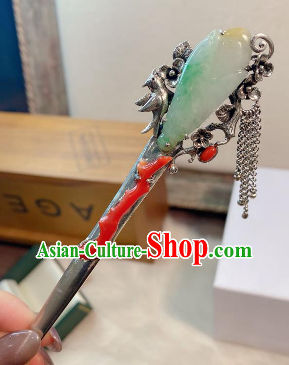China Traditional Hair Accessories Classical Silver Tassel Hairpin Handmade Jade Mangnolia Hair Stick