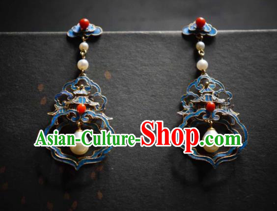 Handmade Chinese Cheongsam Pearls Ear Accessories Traditional Culture Jewelry Blueing Palace Earrings