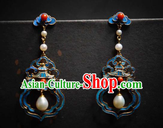 Handmade Chinese Cheongsam Pearls Ear Accessories Traditional Culture Jewelry Blueing Palace Earrings