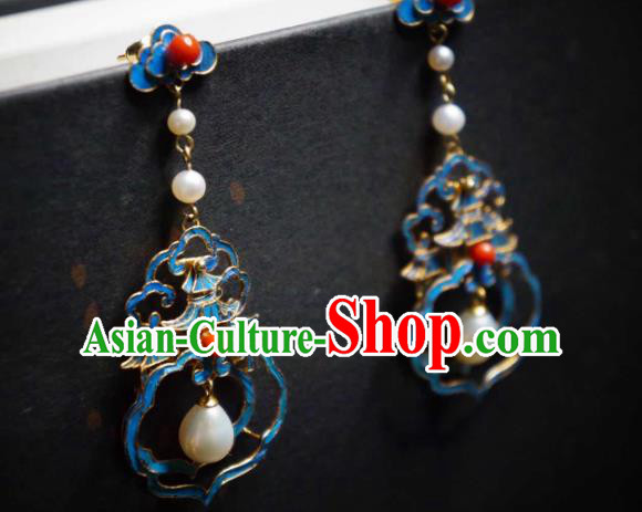 Handmade Chinese Cheongsam Pearls Ear Accessories Traditional Culture Jewelry Blueing Palace Earrings