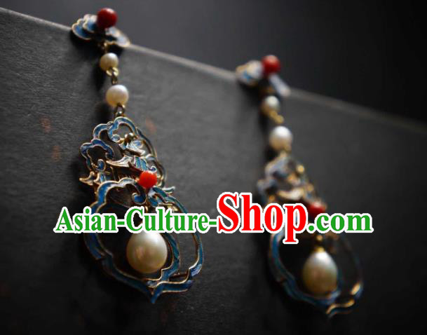 Handmade Chinese Cheongsam Pearls Ear Accessories Traditional Culture Jewelry Blueing Palace Earrings
