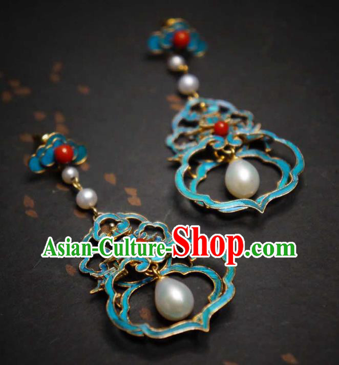 Handmade Chinese Cheongsam Pearls Ear Accessories Traditional Culture Jewelry Blueing Palace Earrings