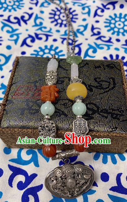 Handmade Chinese Wedding Silver Lock Necklace Accessories National Jade Gems Necklet Pendant
