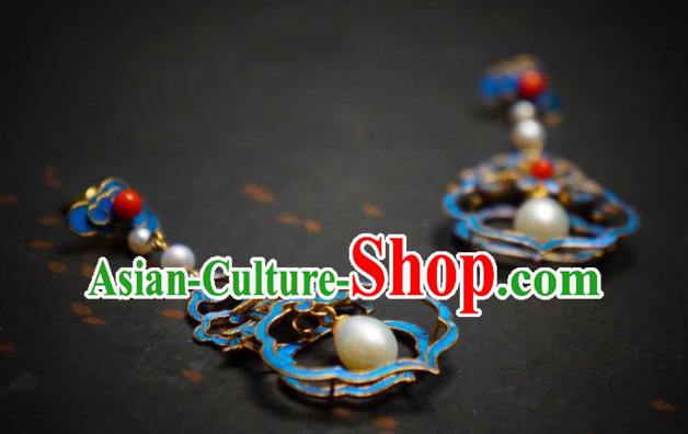 Handmade Chinese Cheongsam Pearls Ear Accessories Traditional Culture Jewelry Blueing Palace Earrings