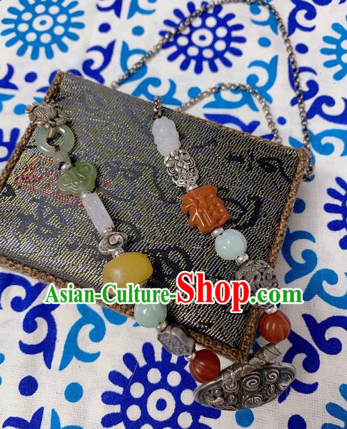 Handmade Chinese Wedding Silver Lock Necklace Accessories National Jade Gems Necklet Pendant