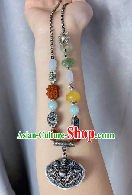 Handmade Chinese Wedding Silver Lock Necklace Accessories National Jade Gems Necklet Pendant