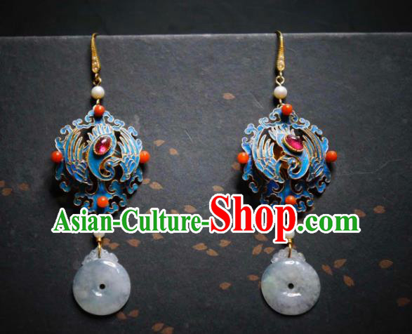 Handmade Chinese Cheongsam Jadeite Ear Accessories Traditional Culture Jewelry Blueing Phoenix Earrings