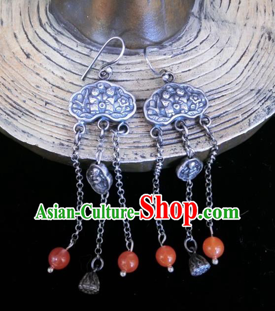 China Traditional Agate Tassel Ear Accessories National Cheongsam Silver Carving Earrings Jewelry