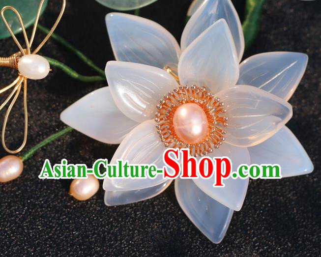 China Classical Pearls Hairpin Traditional Hair Accessories Hanfu White Lotus Hair Stick