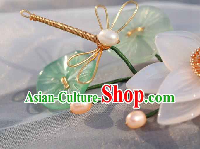 China Classical Pearls Hairpin Traditional Hair Accessories Hanfu White Lotus Hair Stick