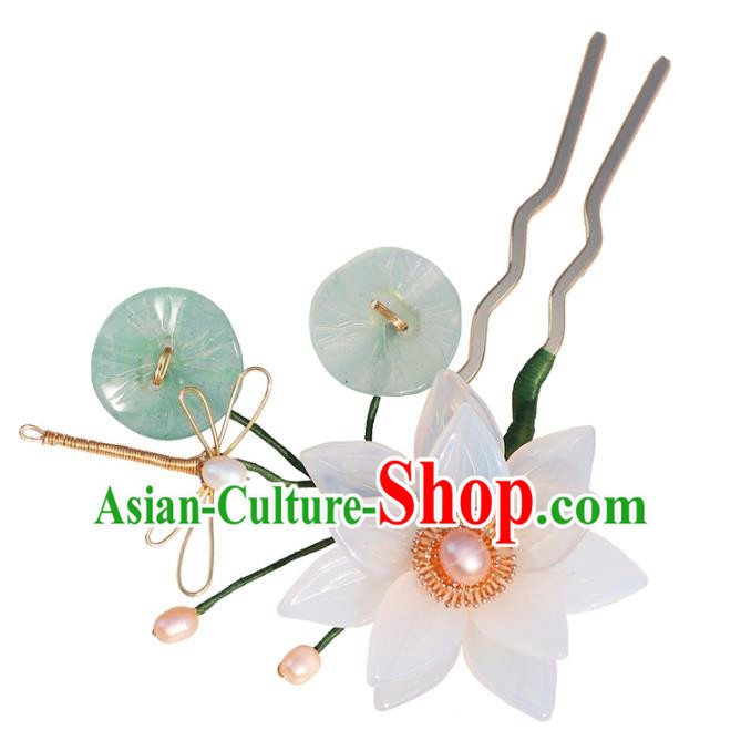 China Classical Pearls Hairpin Traditional Hair Accessories Hanfu White Lotus Hair Stick