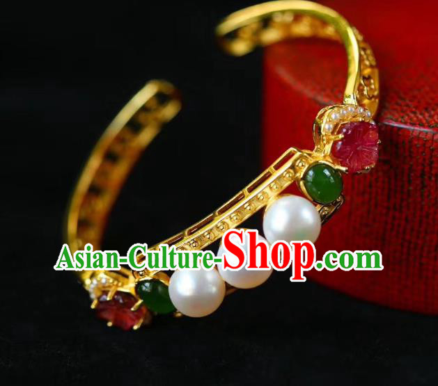 Handmade Chinese Qing Dynasty Golden Bracelet Traditional Gems Wristlet Accessories
