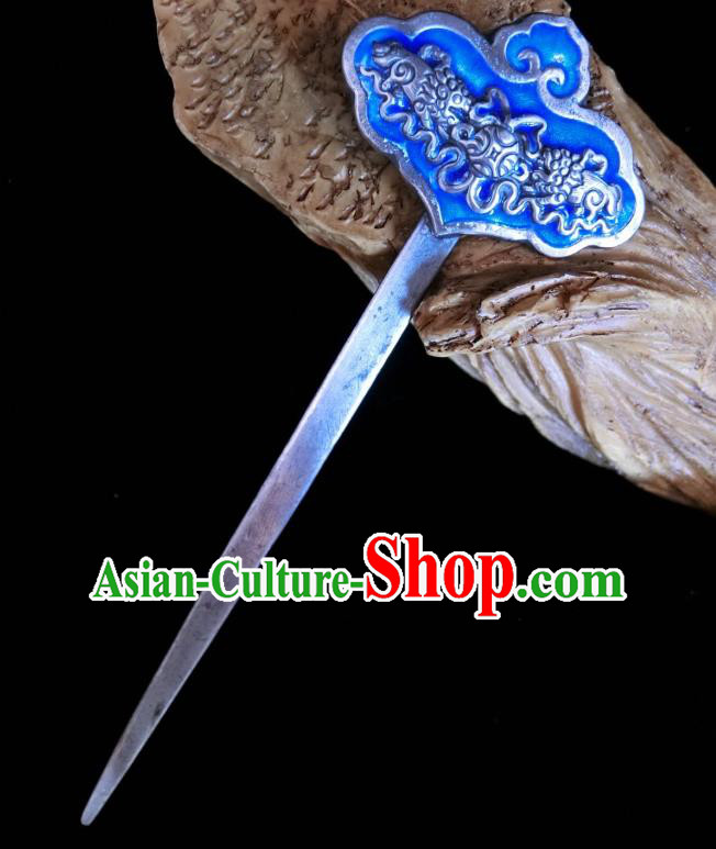 China Traditional Hair Accessories Classical Silver Carving Bat Hairpin Handmade Blueing Hair Stick
