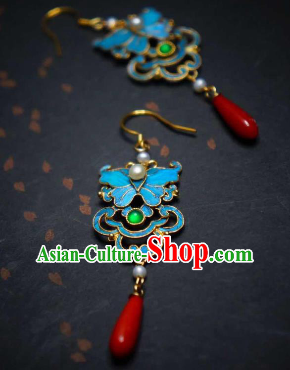 Handmade Chinese Cheongsam Blue Butterfly Ear Accessories Traditional Culture Jewelry Emerald Earrings