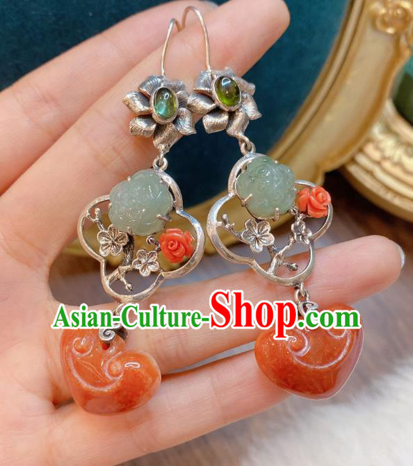 China Traditional Agate Ear Accessories Classical Cheongsam Silver Plum Blossom Earrings
