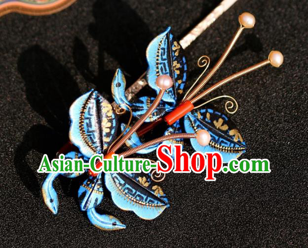 China Traditional Ming Dynasty Princess Tassel Hairpin Hair Accessories Classical Hanfu Blue Butterfly Hair Stick