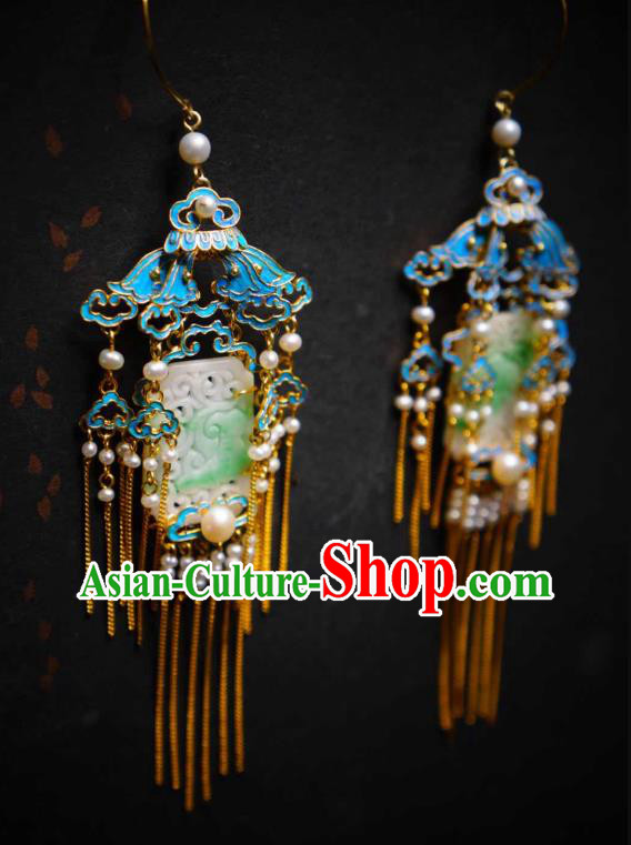 Handmade Chinese Cheongsam Blueing Pearls Ear Accessories Traditional Culture Jewelry Jade Earrings