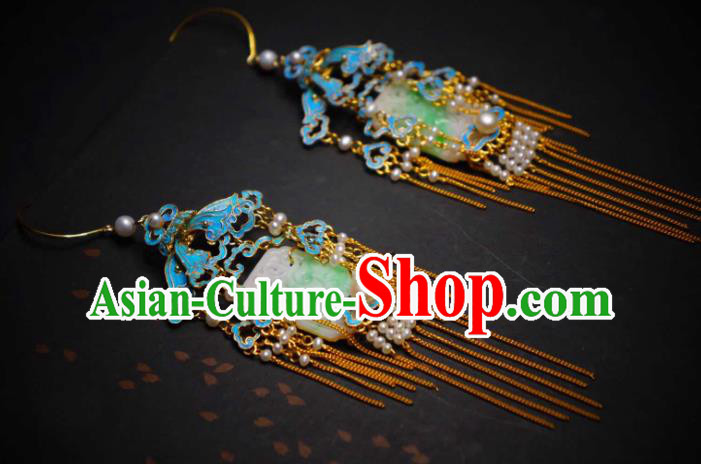 Handmade Chinese Cheongsam Blueing Pearls Ear Accessories Traditional Culture Jewelry Jade Earrings