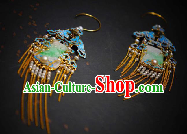 Handmade Chinese Cheongsam Blueing Pearls Ear Accessories Traditional Culture Jewelry Jade Earrings