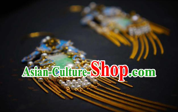 Handmade Chinese Cheongsam Blueing Pearls Ear Accessories Traditional Culture Jewelry Jade Earrings