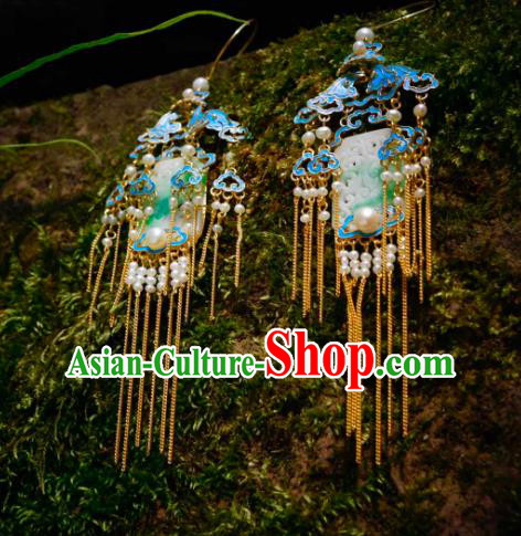 Handmade Chinese Cheongsam Blueing Pearls Ear Accessories Traditional Culture Jewelry Jade Earrings