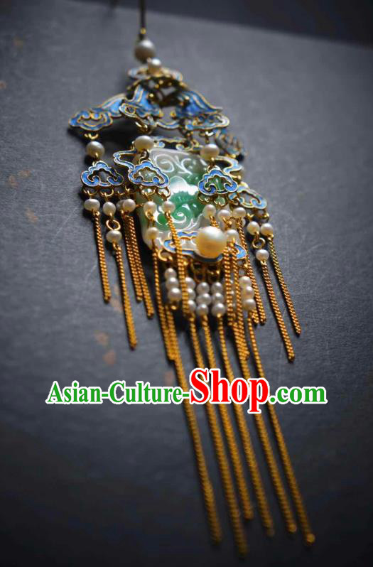 Handmade Chinese Cheongsam Blueing Pearls Ear Accessories Traditional Culture Jewelry Jade Earrings