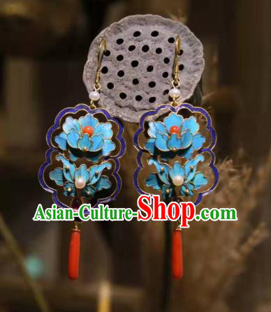 Handmade Chinese Cheongsam Agate Ear Accessories Traditional Culture Jewelry Blue Peony Earrings