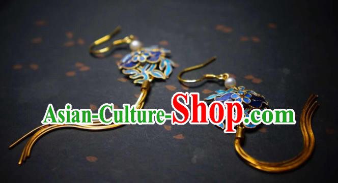 Handmade Chinese Cheongsam Blueing Ear Accessories Traditional Culture Jewelry Golden Long Tassel Earrings