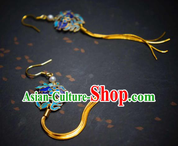 Handmade Chinese Cheongsam Blueing Ear Accessories Traditional Culture Jewelry Golden Long Tassel Earrings