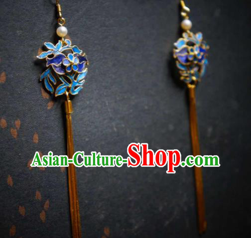 Handmade Chinese Cheongsam Blueing Ear Accessories Traditional Culture Jewelry Golden Long Tassel Earrings