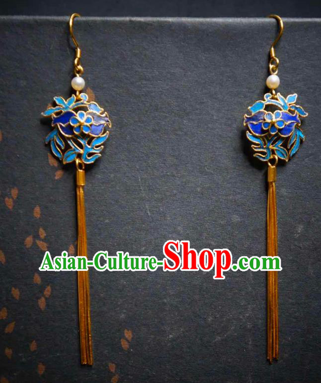Handmade Chinese Cheongsam Blueing Ear Accessories Traditional Culture Jewelry Golden Long Tassel Earrings