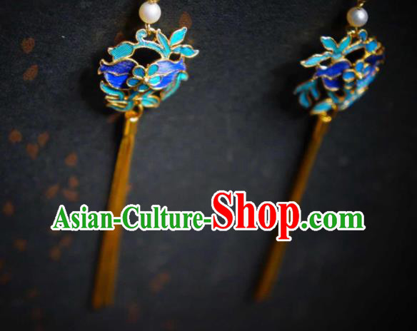 Handmade Chinese Cheongsam Blueing Ear Accessories Traditional Culture Jewelry Golden Long Tassel Earrings