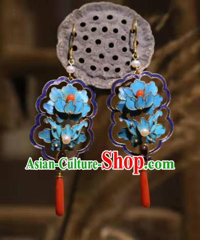 Handmade Chinese Cheongsam Agate Ear Accessories Traditional Culture Jewelry Blue Peony Earrings