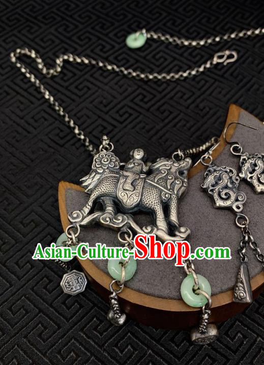 Handmade Chinese Necklace Accessories National Jadeite Necklet Pendant Silver Longevity Lock