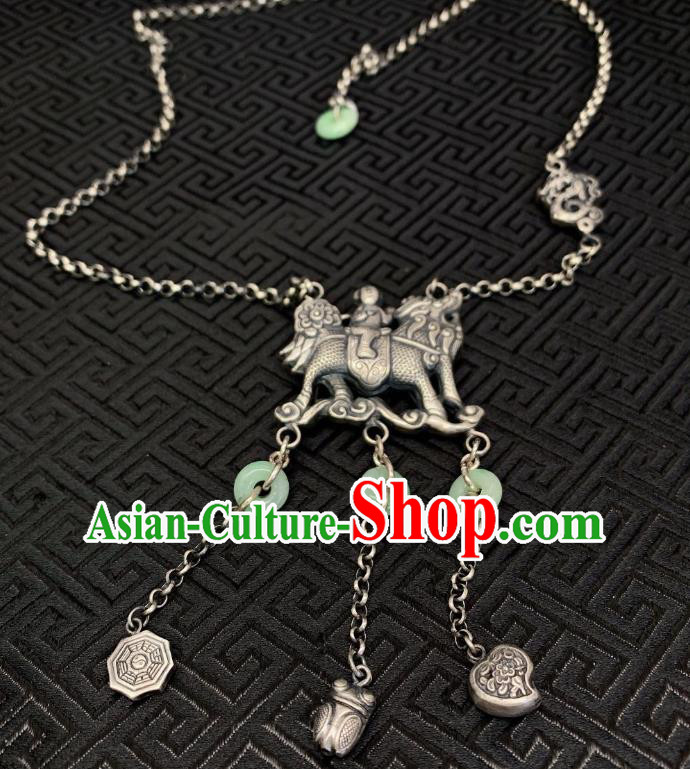 Handmade Chinese Necklace Accessories National Jadeite Necklet Pendant Silver Longevity Lock